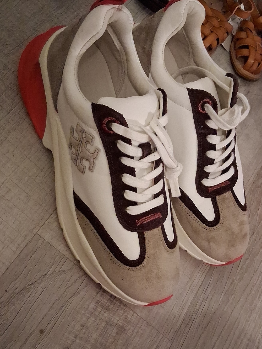TORY BURCH White Leather & Taupe Suede Sneakers with Red Accents